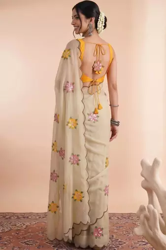 Cream embellished embroidered poly georgette designer saree