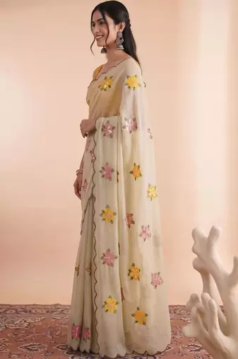 Cream embellished embroidered poly georgette designer saree