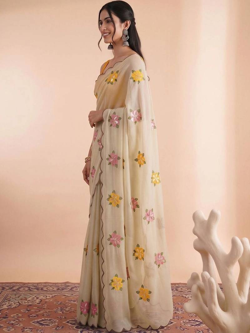 Cream embellished embroidered poly georgette designer saree