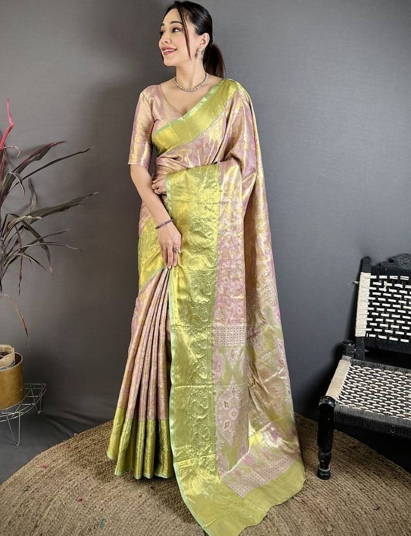 Pink woven design kanjeevaram saree with blouse