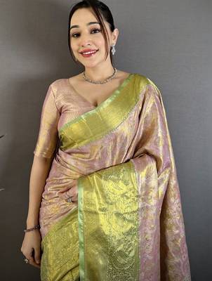 Pink woven design kanjeevaram saree with blouse 2