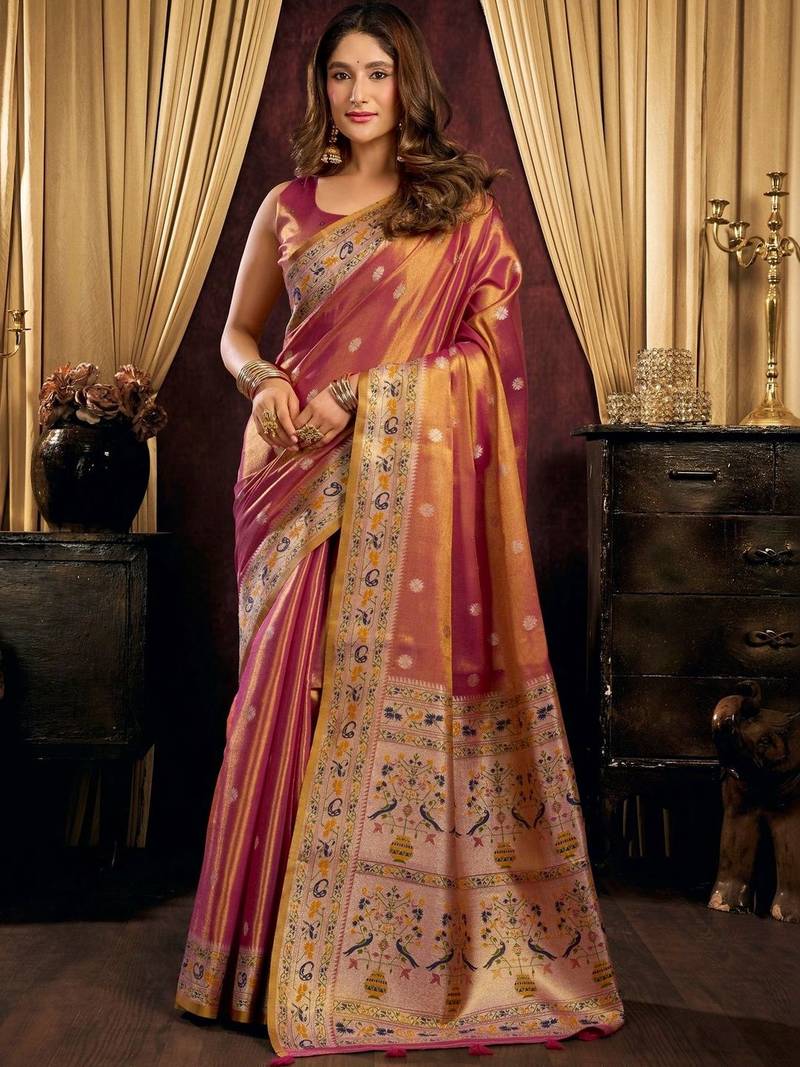 Maroon woven design zari tissue saree