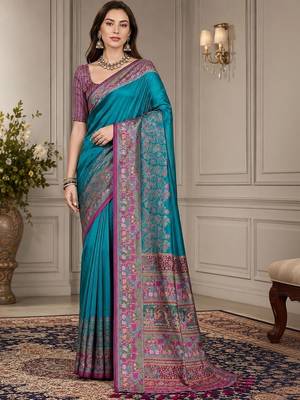 Blue ethnic motifs silk blend fusion block print saree 1