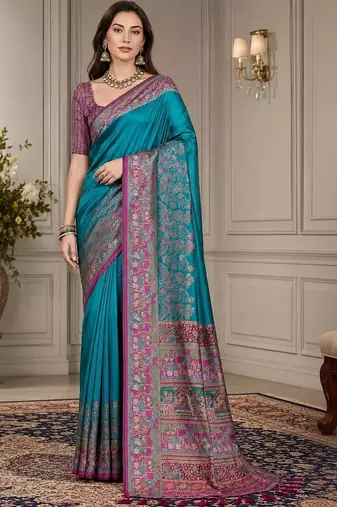 Blue ethnic motifs silk blend fusion block print saree