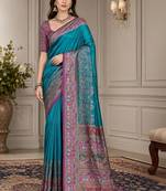 Blue ethnic motifs silk blend fusion block print saree