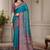 Blue ethnic motifs silk blend fusion block print saree