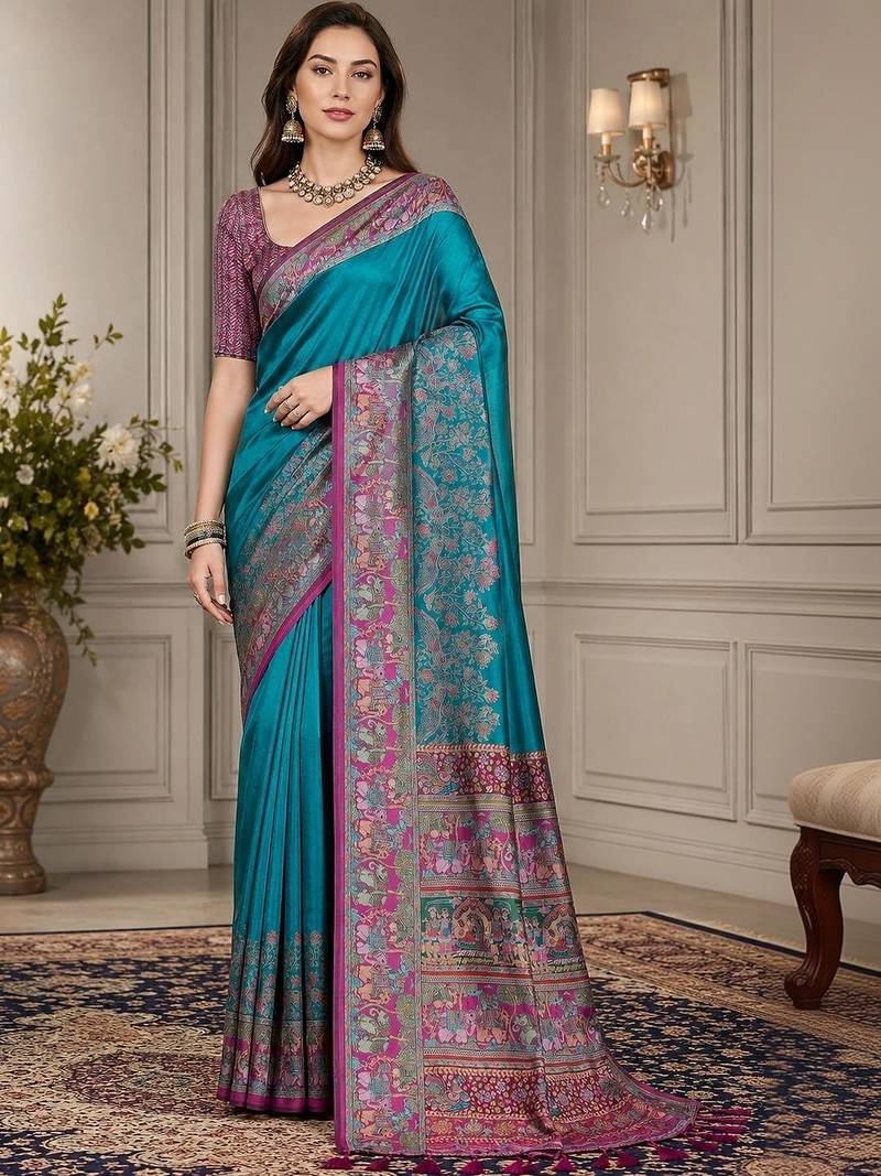 Blue ethnic motifs silk blend fusion block print saree