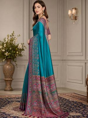 Blue ethnic motifs silk blend fusion block print saree 2