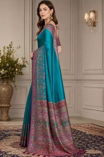 Blue ethnic motifs silk blend fusion block print saree