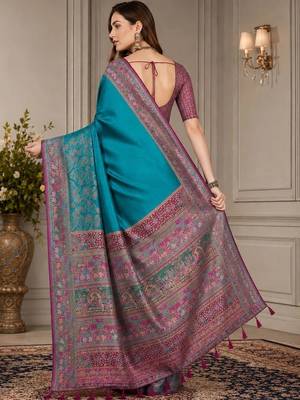 Blue ethnic motifs silk blend fusion block print saree 3