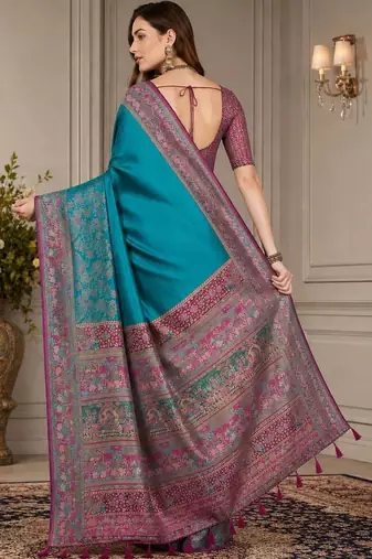 Blue ethnic motifs silk blend fusion block print saree