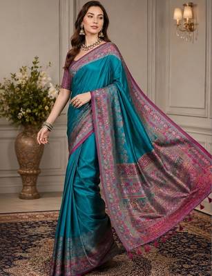 Blue ethnic motifs silk blend fusion block print saree 4