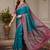 Blue ethnic motifs silk blend fusion block print saree