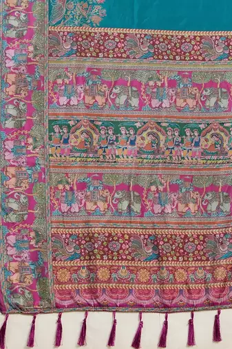 Blue ethnic motifs silk blend fusion block print saree