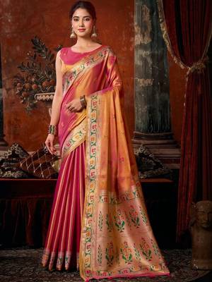 Pink woven design zari tissue saree 1