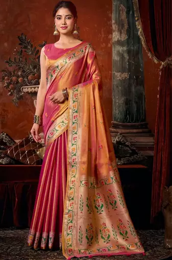 Pink woven design zari tissue saree