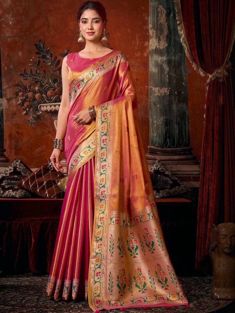 Pink woven design zari tissue saree