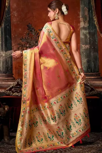 Pink woven design zari tissue saree