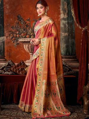 Pink woven design zari tissue saree 3