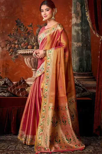 Pink woven design zari tissue saree