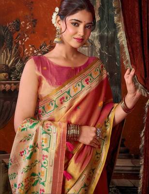 Pink woven design zari tissue saree 5