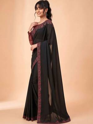 Black embellished embroidered pure chiffon designer saree 3