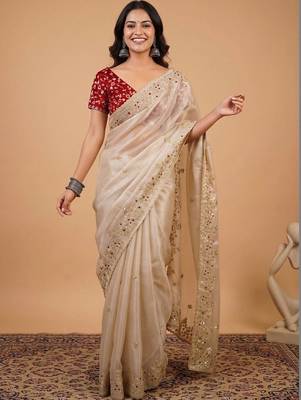 Cream embellished sequinned organza designer saree 1