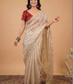 Cream embellished sequinned organza designer saree