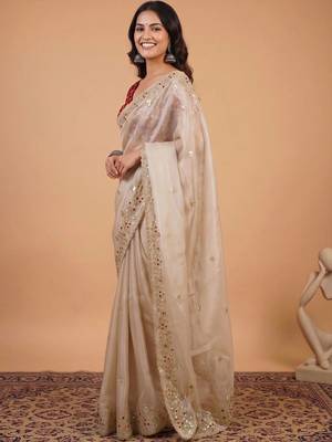 Cream embellished sequinned organza designer saree 2