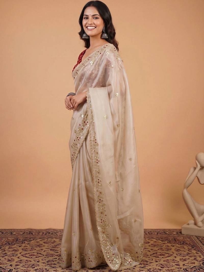 Cream embellished sequinned organza designer saree