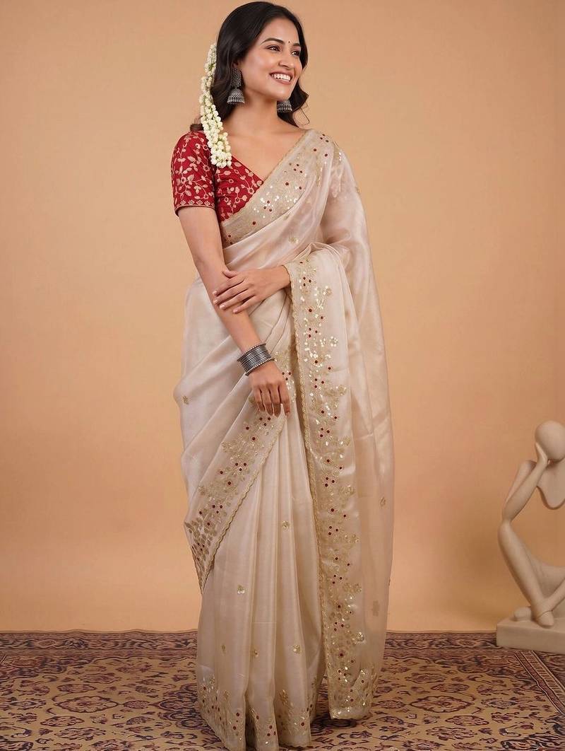 Cream embellished sequinned organza designer saree