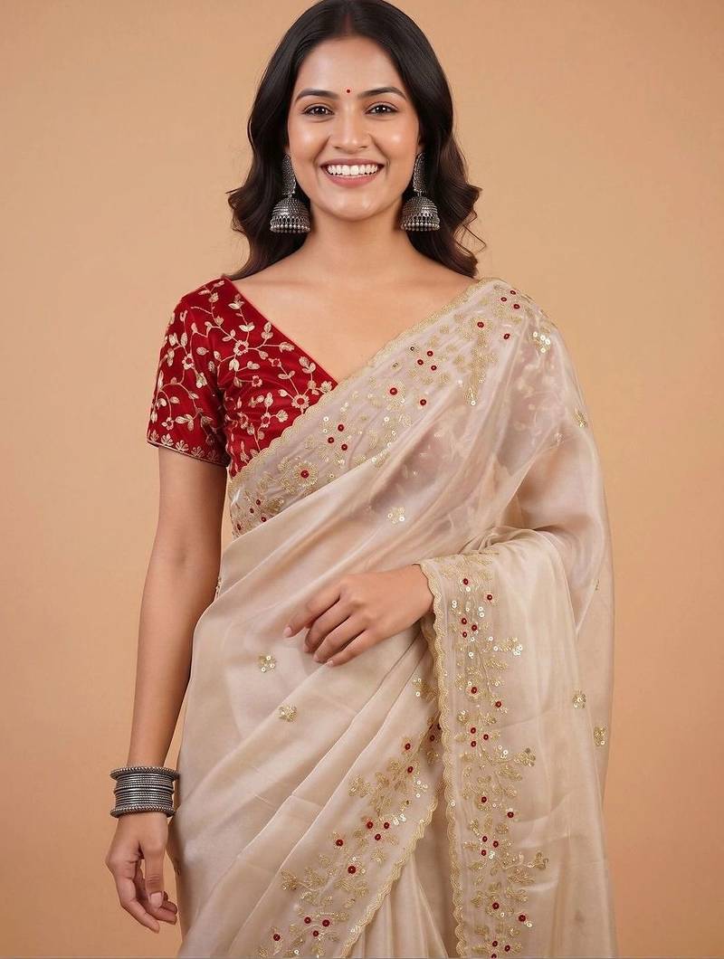 Cream embellished sequinned organza designer saree