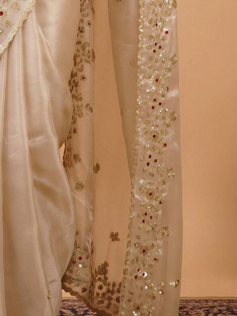 Cream embellished sequinned organza designer saree