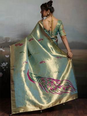 Sea green woven design zari pure silk designer kanjeevaram saree 3