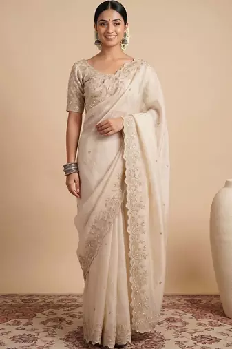Off white embellished sequinned satin designer saree