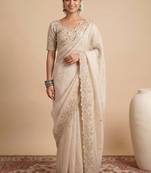 Off white embellished sequinned satin designer saree