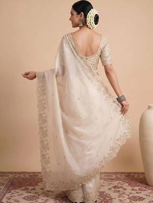 Off white embellished sequinned satin designer saree 2