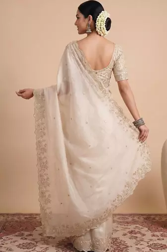 Off white embellished sequinned satin designer saree