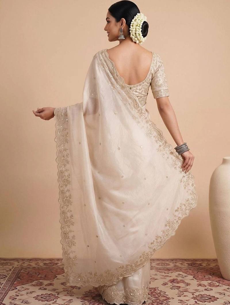 Off white embellished sequinned satin designer saree