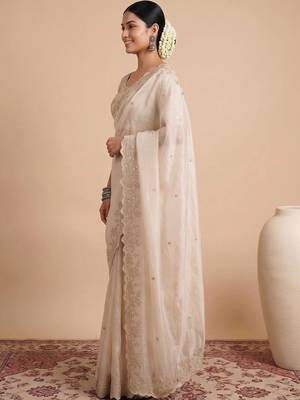 Off white embellished sequinned satin designer saree 3