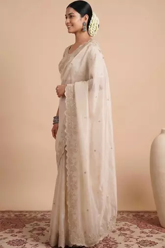 Off white embellished sequinned satin designer saree