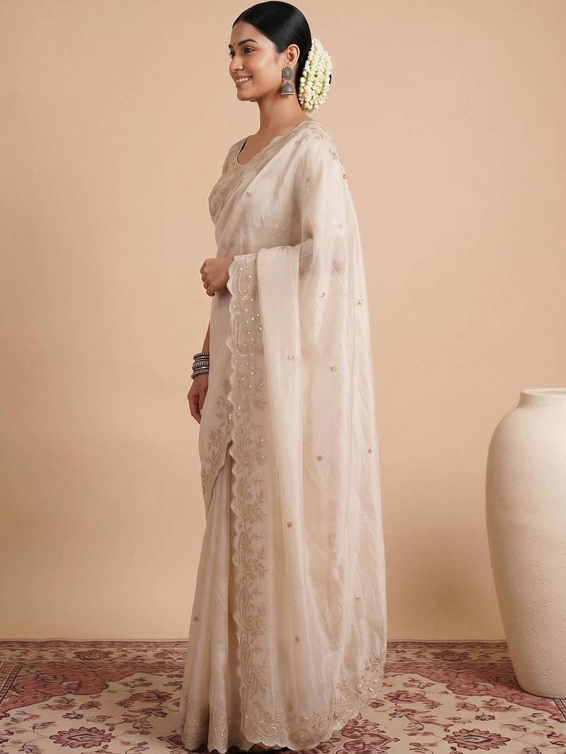 Off white embellished sequinned satin designer saree