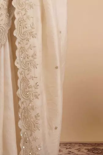 Off white embellished sequinned satin designer saree