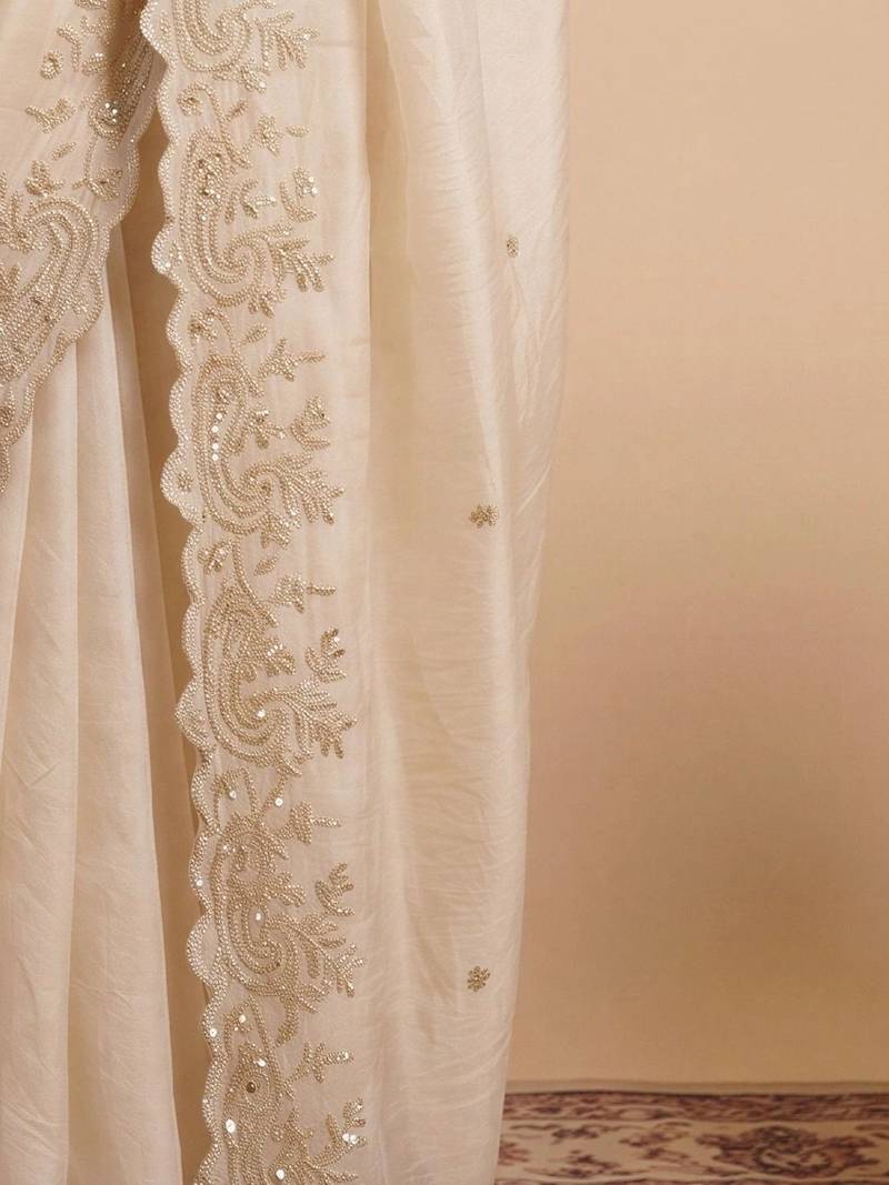 Off white embellished sequinned satin designer saree