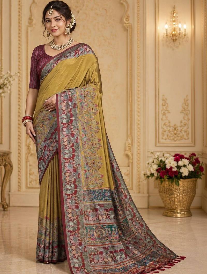 Mustard woven design zari silk blend saree