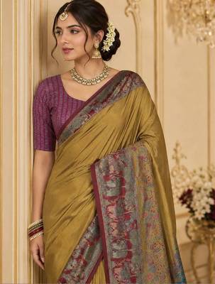 Mustard woven design zari silk blend saree 4