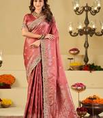 Rose woven design embroidered silk blend heavy work banarasi saree