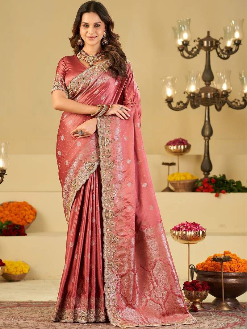Rose woven design embroidered silk blend heavy work banarasi saree