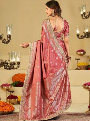 Rose woven design embroidered silk blend heavy work banarasi saree 3