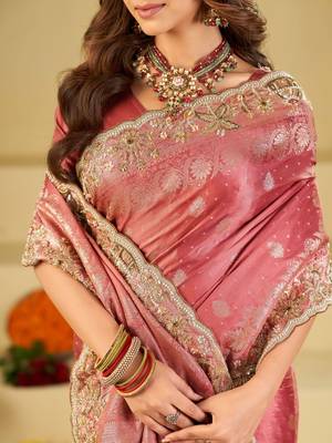 Rose woven design embroidered silk blend heavy work banarasi saree 4